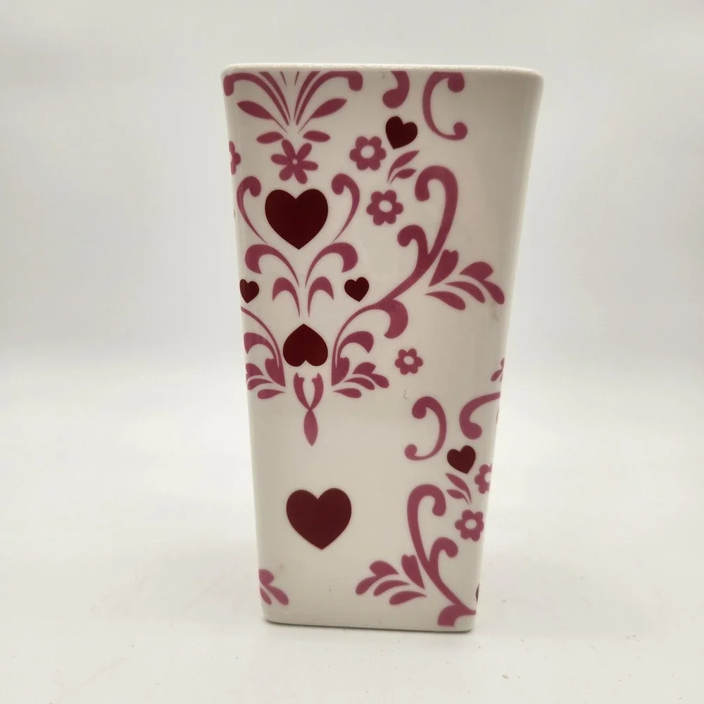 ProFlowers White Square Tall Vase Burgundy Hearts Pink Scrollwork Valentines Day